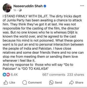 Naseeruddin Shah SUPPORTS Diljit Dosanjh, blames director for casting Hania Aamir in ‘Sardaar Ji 3’; tells haters ‘GO TO KAILASA’