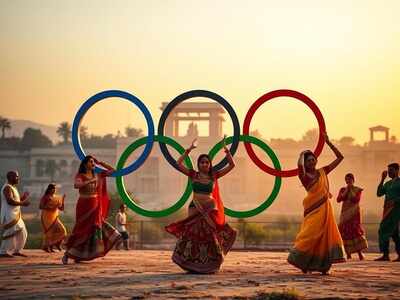 AI image of Garba dancers in front of Olympic rings.